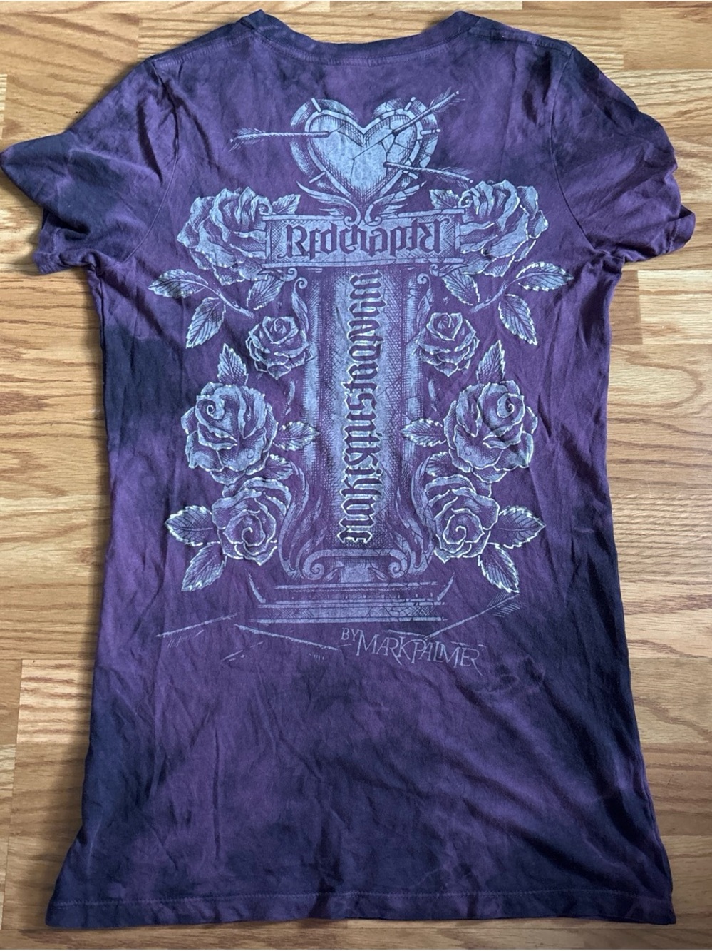 Affliction Style Y2K Graphic Tee in Deep Purple with Silver Print Size L